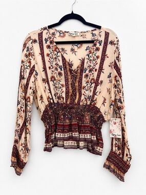 Gypsy Love Boho Floral Lace-Up Peplum Blouse – Size L NWT